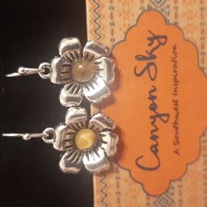 New Eye of Tiger stone centered on flower silver plated fishook style backing